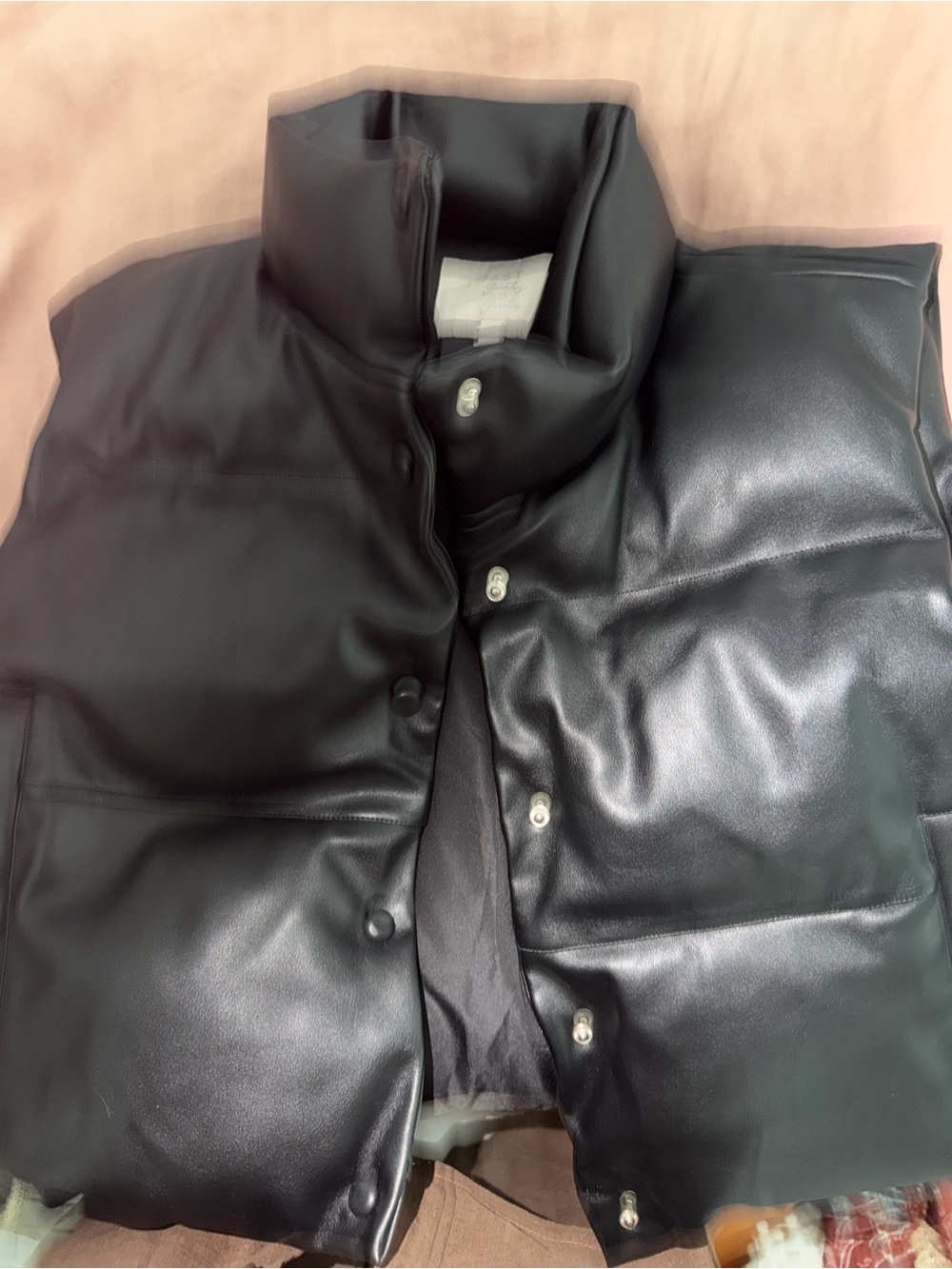 Black Faux Leather Puffer Vest - Women